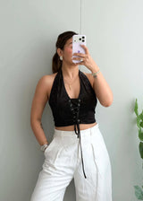Size S-M, Black Lace-Up Ribbed Crop Top - Closet by Payal