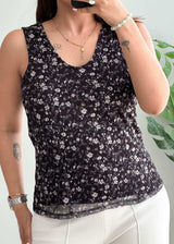 Size M-L, Y2K Black Floral Print Sleeveless Top - Closet by Payal