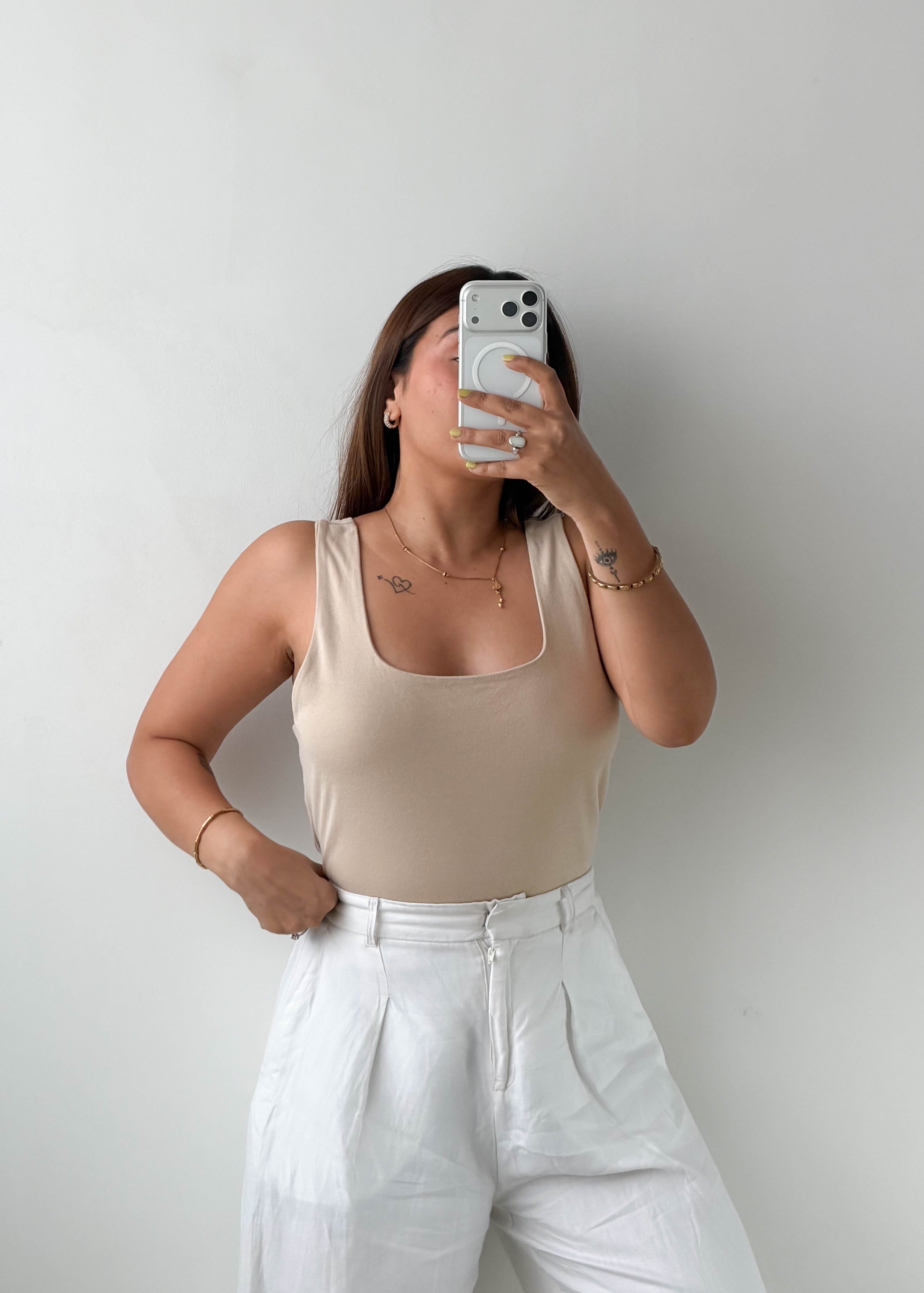 Size L-XL Beige Square Neck Bodysuit