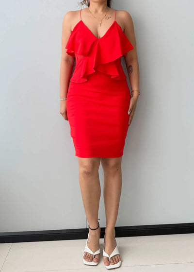 Size S-M, Red Ruffle Bodycon Midi Dress - Closet by Payal