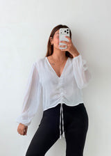 Size M White Ruched Tie-Front Blouse
