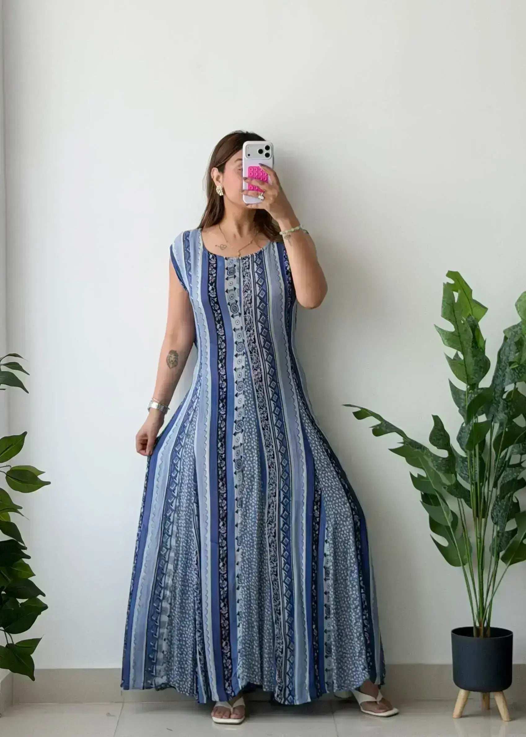 Size XL-2XL, Blue Ethnic Print Maxi Dress