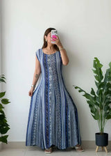 Size XL-2XL, Blue Ethnic Print Maxi Dress