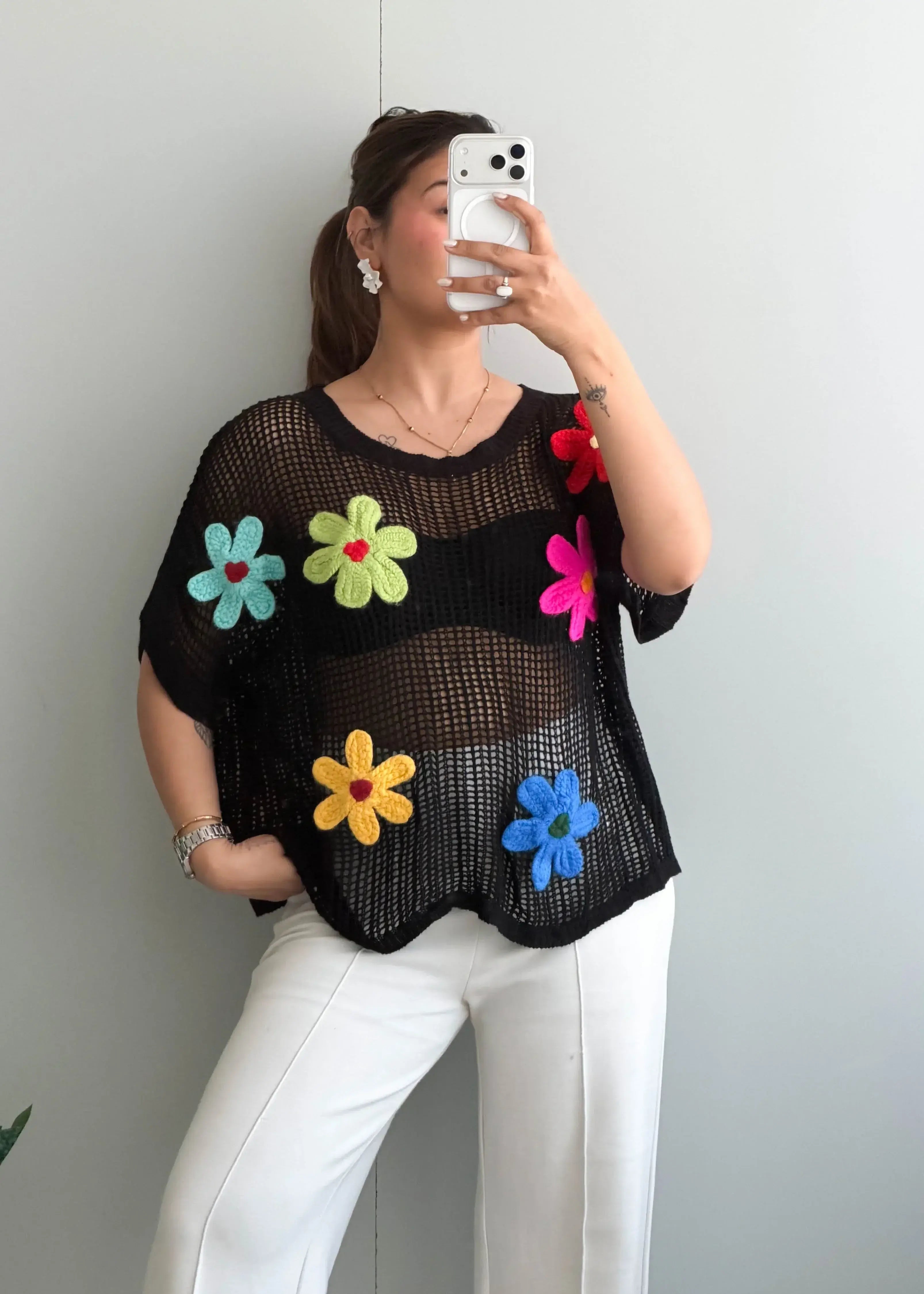 Free size, Black Floral Crochet Top - Closet by Payal
