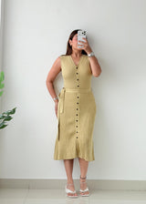 Size S-M Beige Ribbed Button Front Knit Midi Dress (Belt Included)
