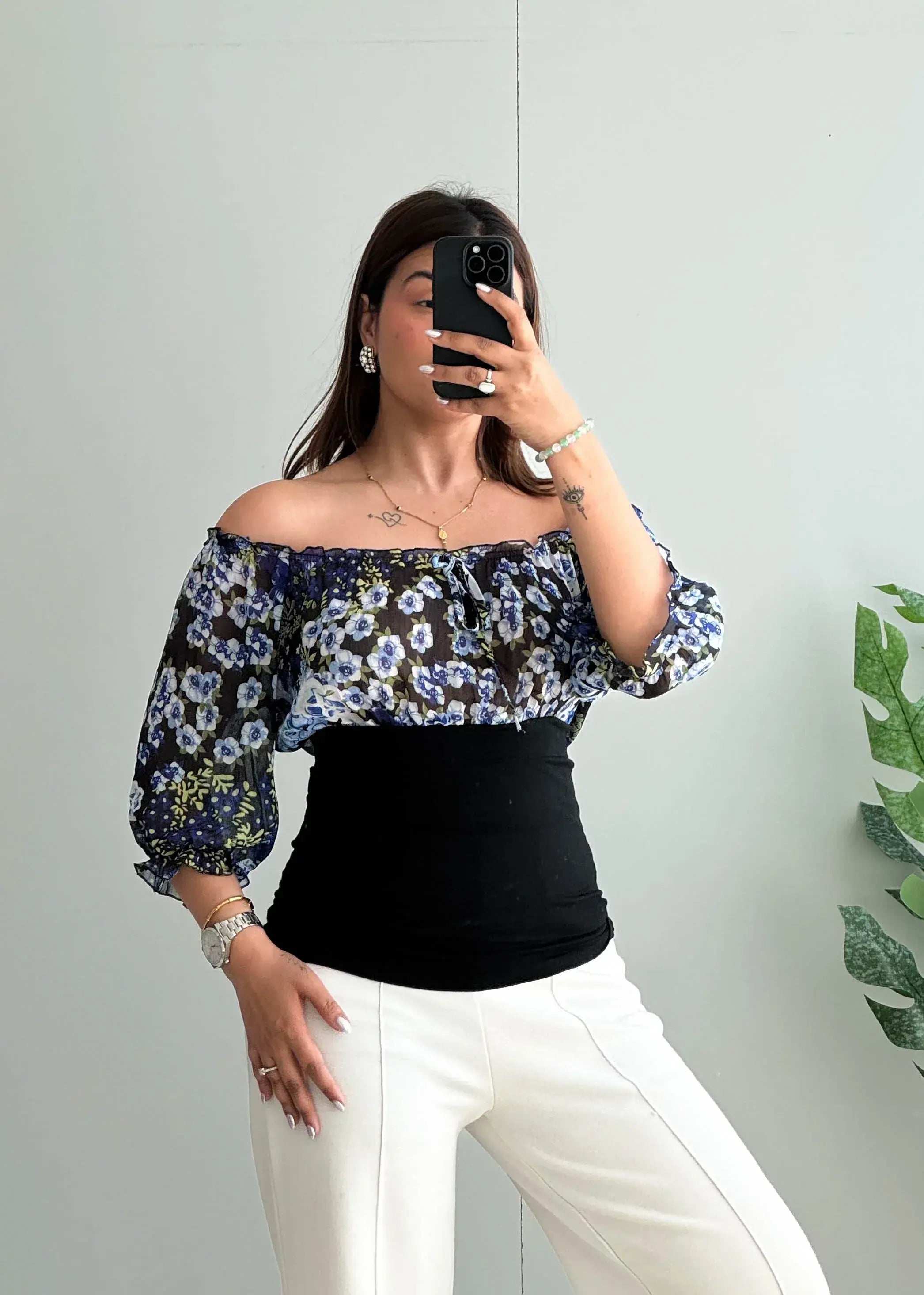 Size XS-M, Blue and Black ruffled off shoulder Printed top - Closet by Payal