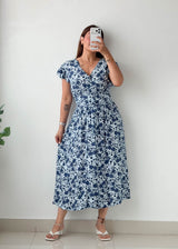 Size L-XL Blue Floral Printed Midi Dress