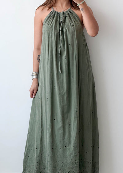 Size S-M, Olive Green Halter Maxi Dress