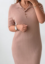 Size M-L Beige Ribbed Polo Knit Maxi Dress