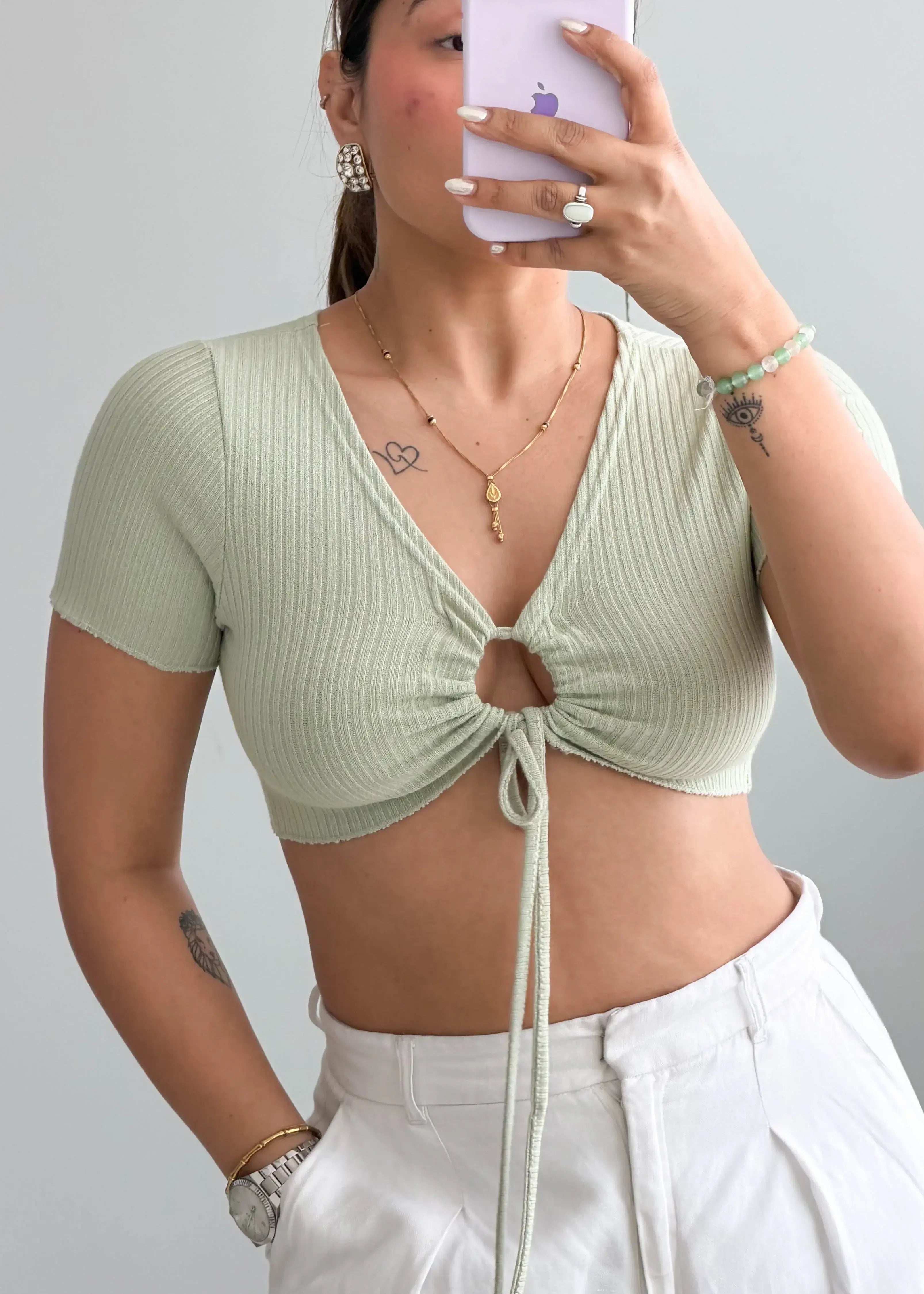 Size XS-S, Sage Tie Front Ribbed Crop Top - Closet by Payal