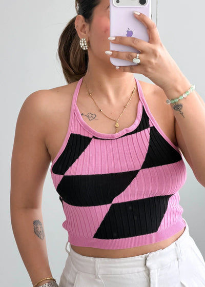 Size S-M, Pink & Black Pattern Crop Top - Closet by Payal
