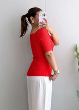 Size M-L, Red Square Neck Ribbed Top - Closet by Payal