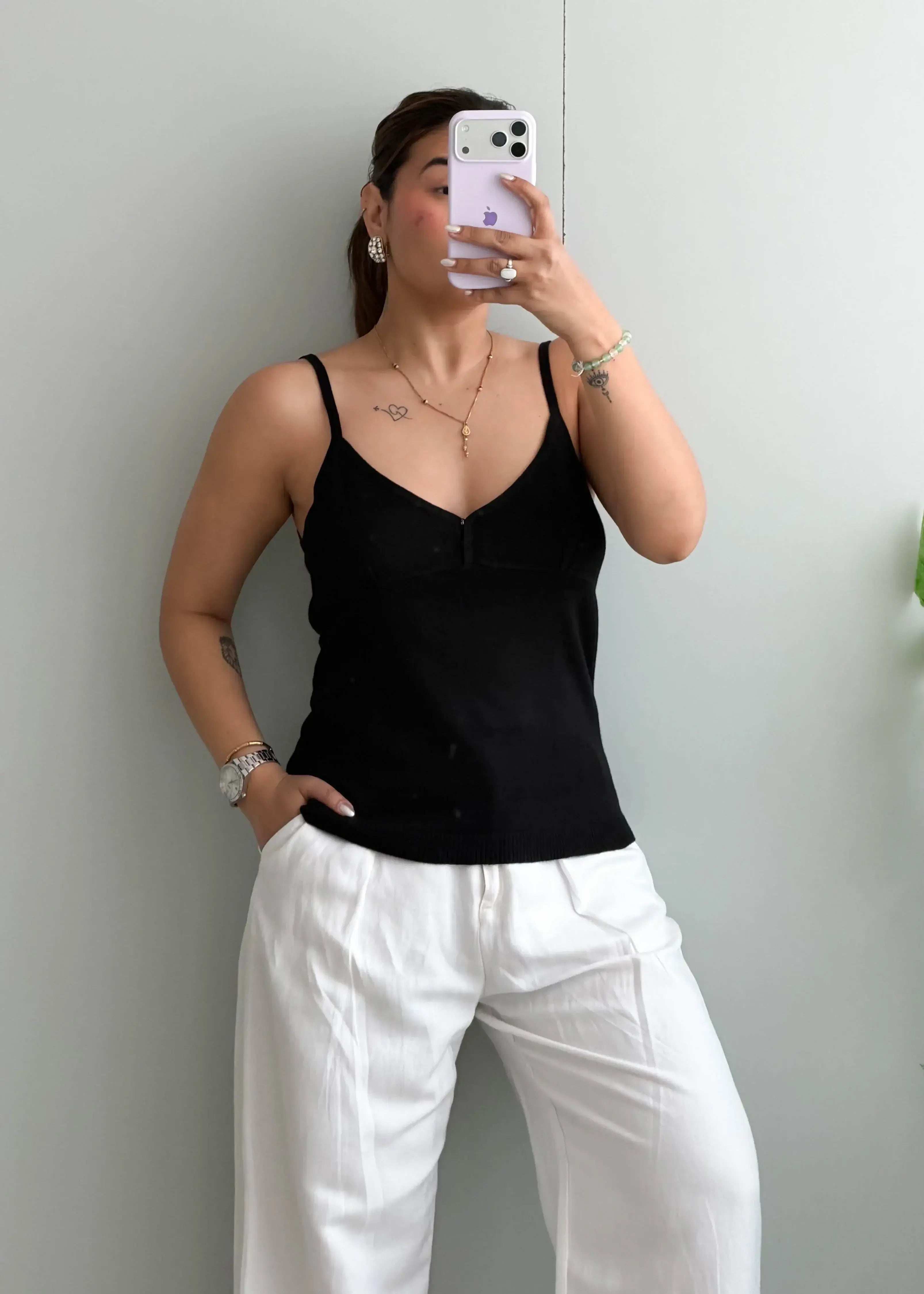 Size M-L, Black Spaghetti Strap Camisole Top - Closet by Payal