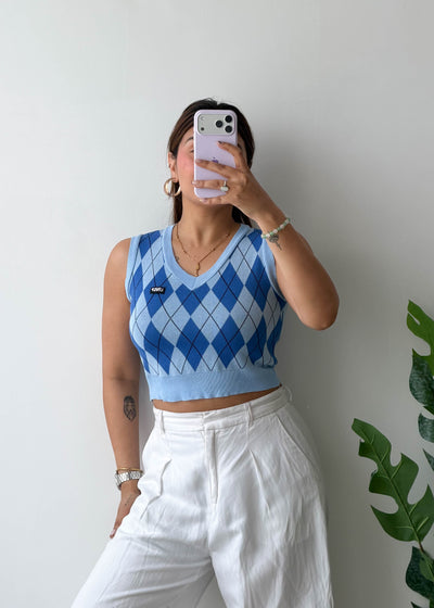 Size S-M, Blue Argyle Knit Vest Top