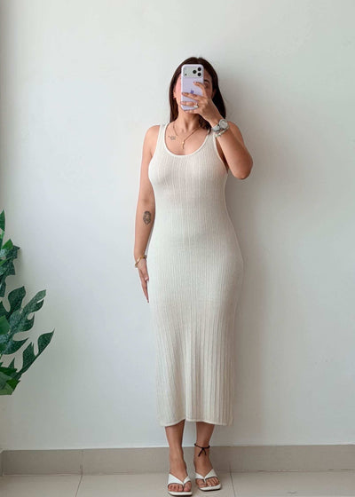 Size M-L Beige Ribbed Knit Midi Dress – Closet by Payal