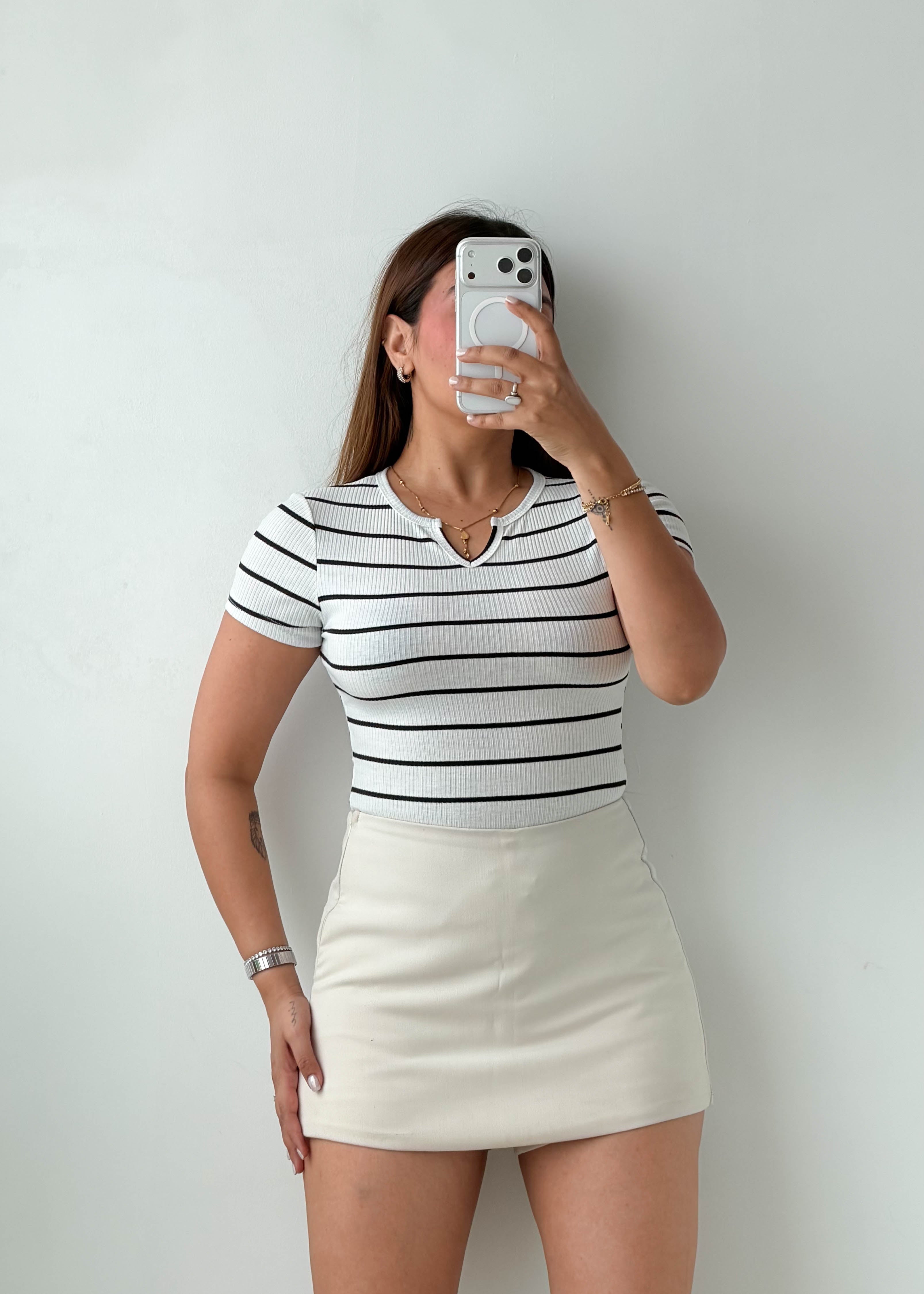 Size XS-S White Striped Collar Bodysuit