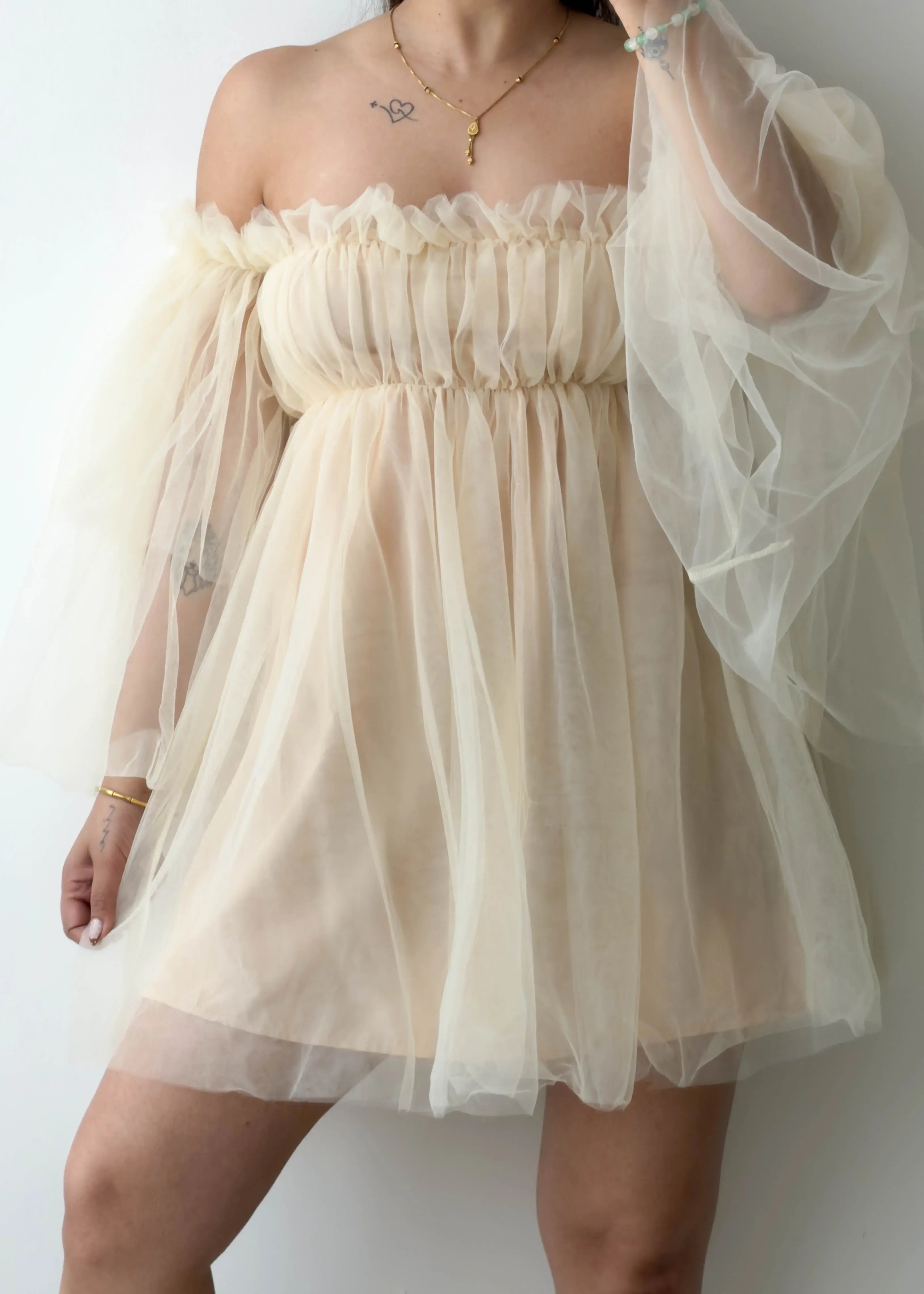 Size XS-S, Beige Tulle Off-Shoulder Dress