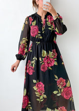 Size XS-S Black Floral Print Midi Dress