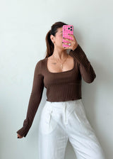 Size M-L Chocolate Brown Ribbed Long Sleeve Top