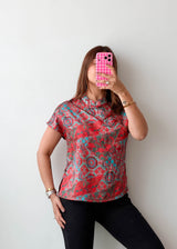 Size S-M Coral Geometric Print Mandarin Collar Top