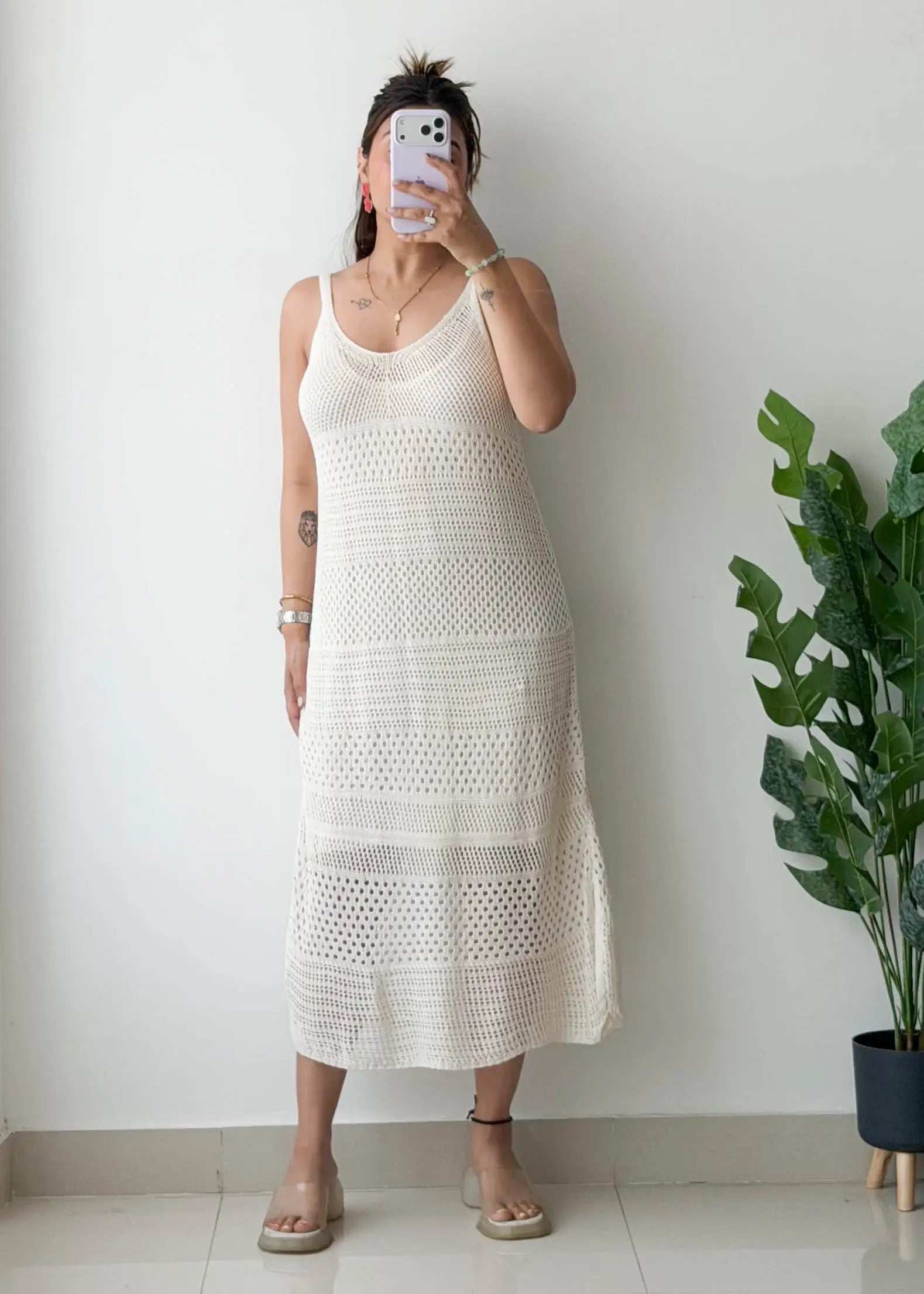 Size M-L, Beige Crochet Midi Dress