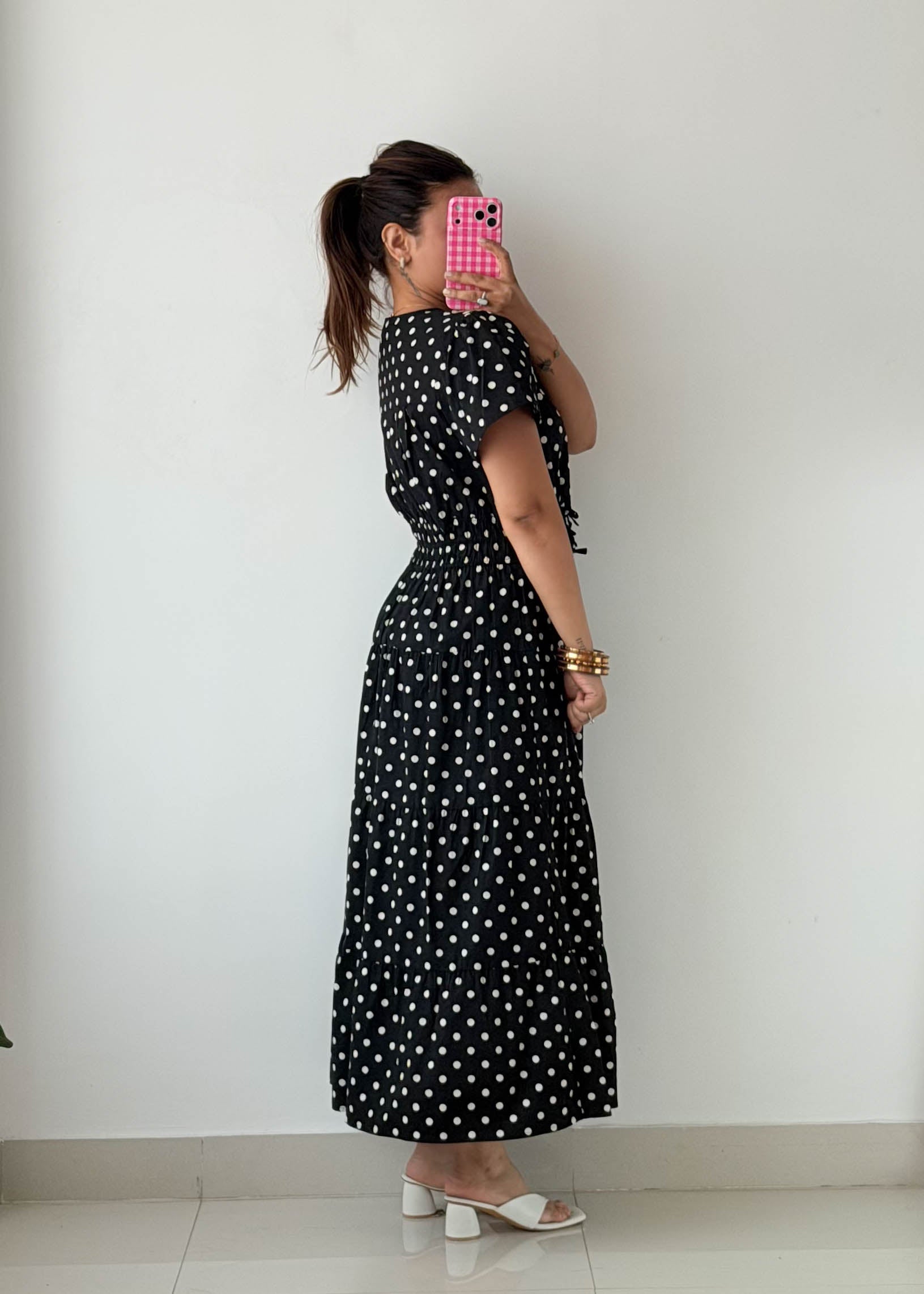 Size M-L Black Polka Dot Midi Dress