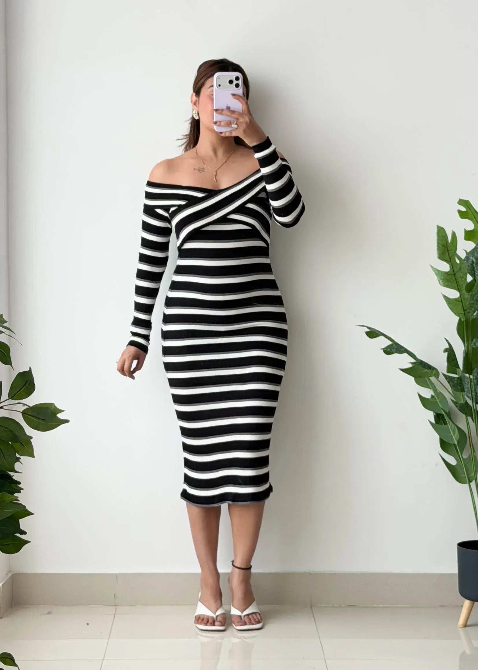 Size S-M, Black & White Off-Shoulder Stripe Midi Dress - Closet by Payal