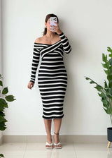 Size S-M, Black & White Off-Shoulder Stripe Midi Dress - Closet by Payal
