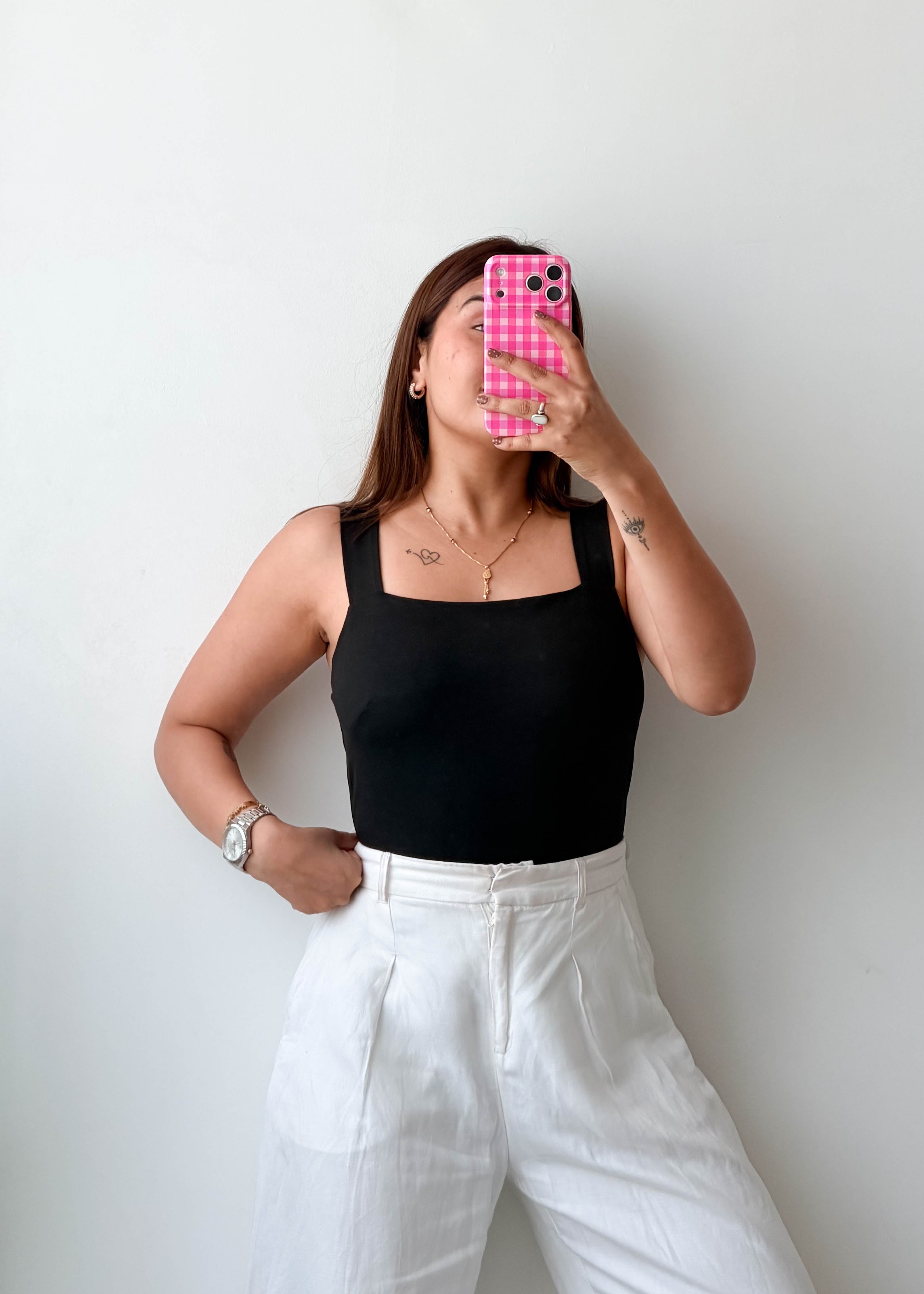 Size L Black Square Neck Tank Bodysuit