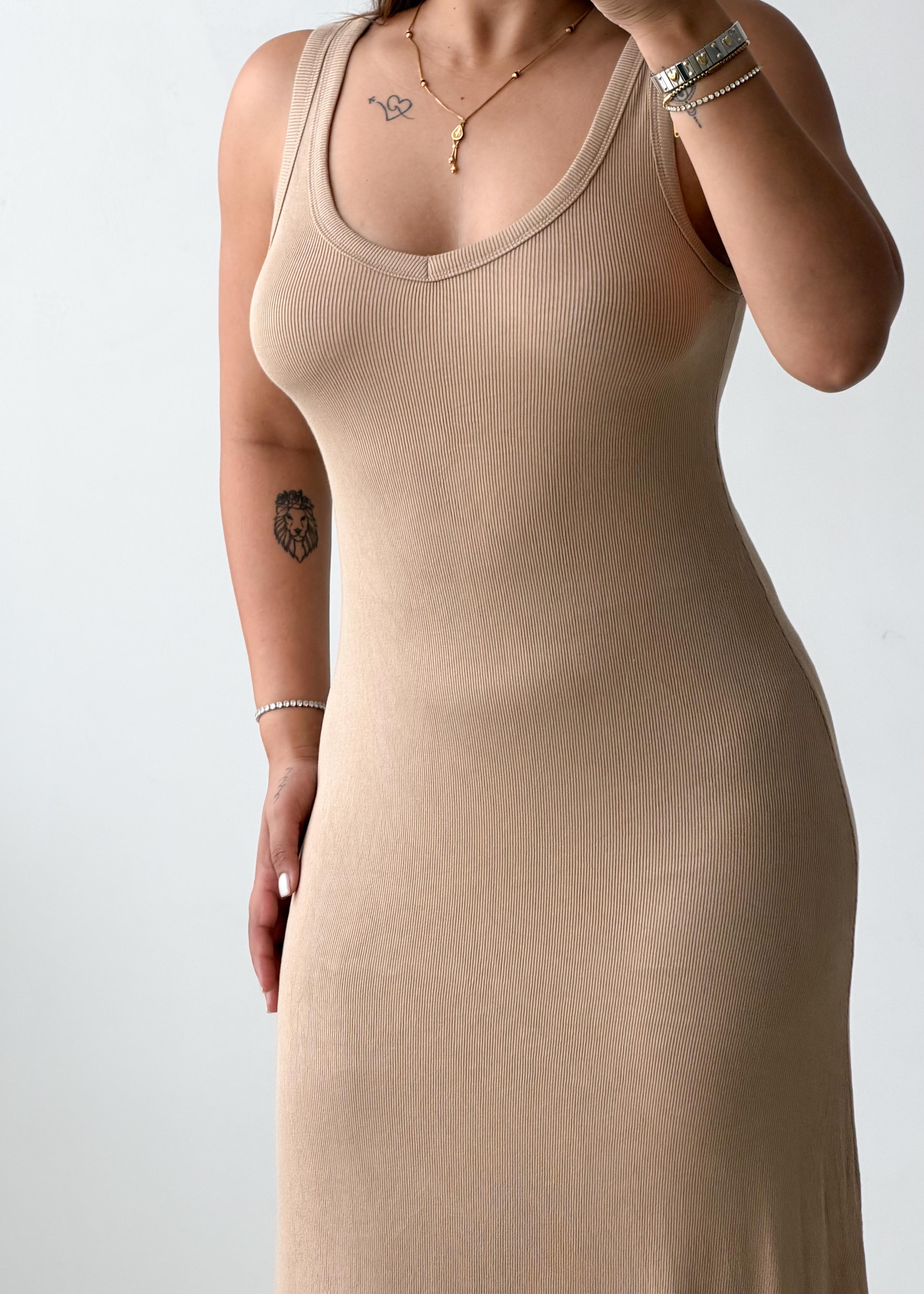 Size XS-S Beige Ribbed Knit Maxi Dress