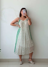 Size M-L White & Green Printed Midi Dress With Lining