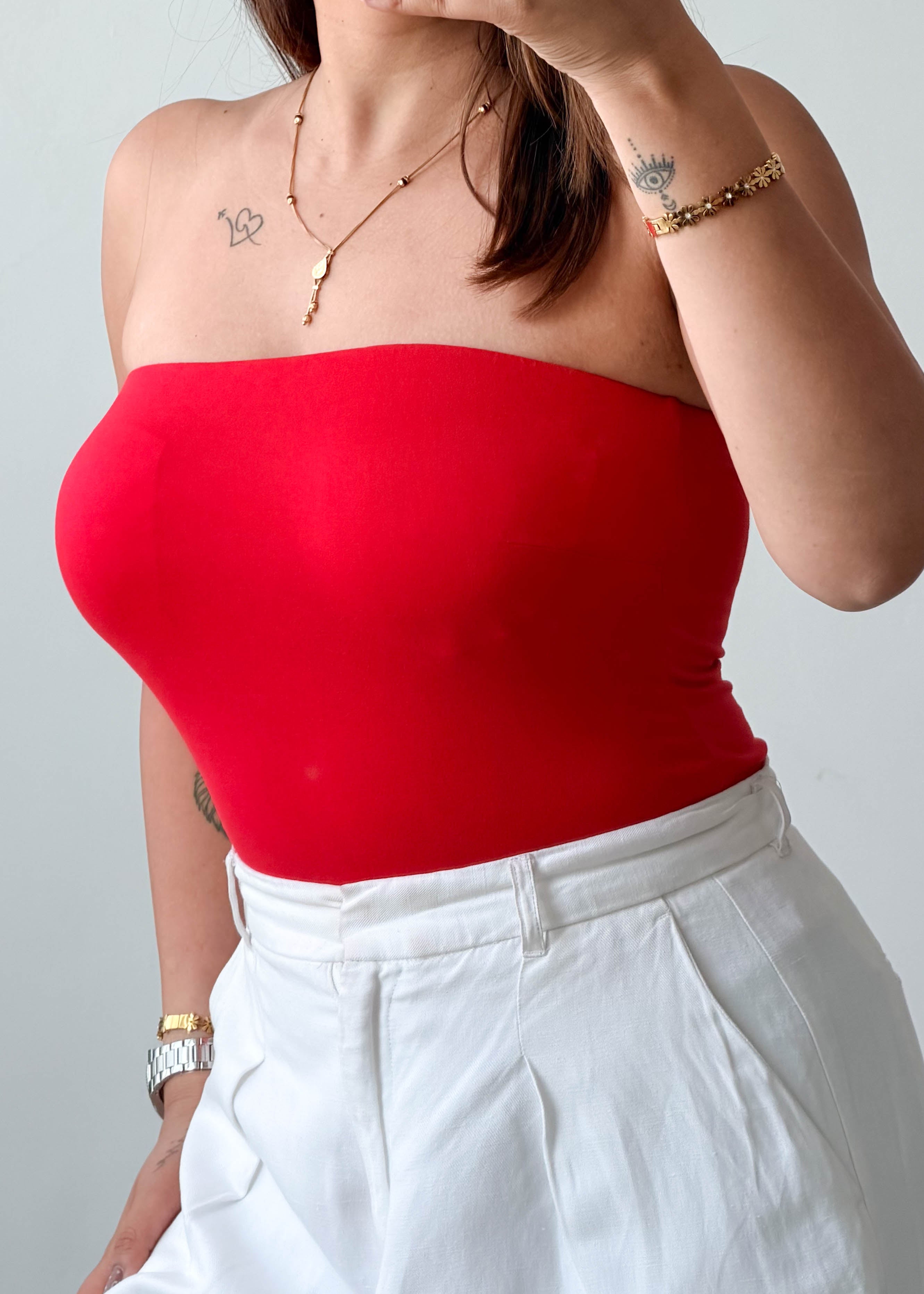 Size XS-S Red Strapless Tube Bodysuit