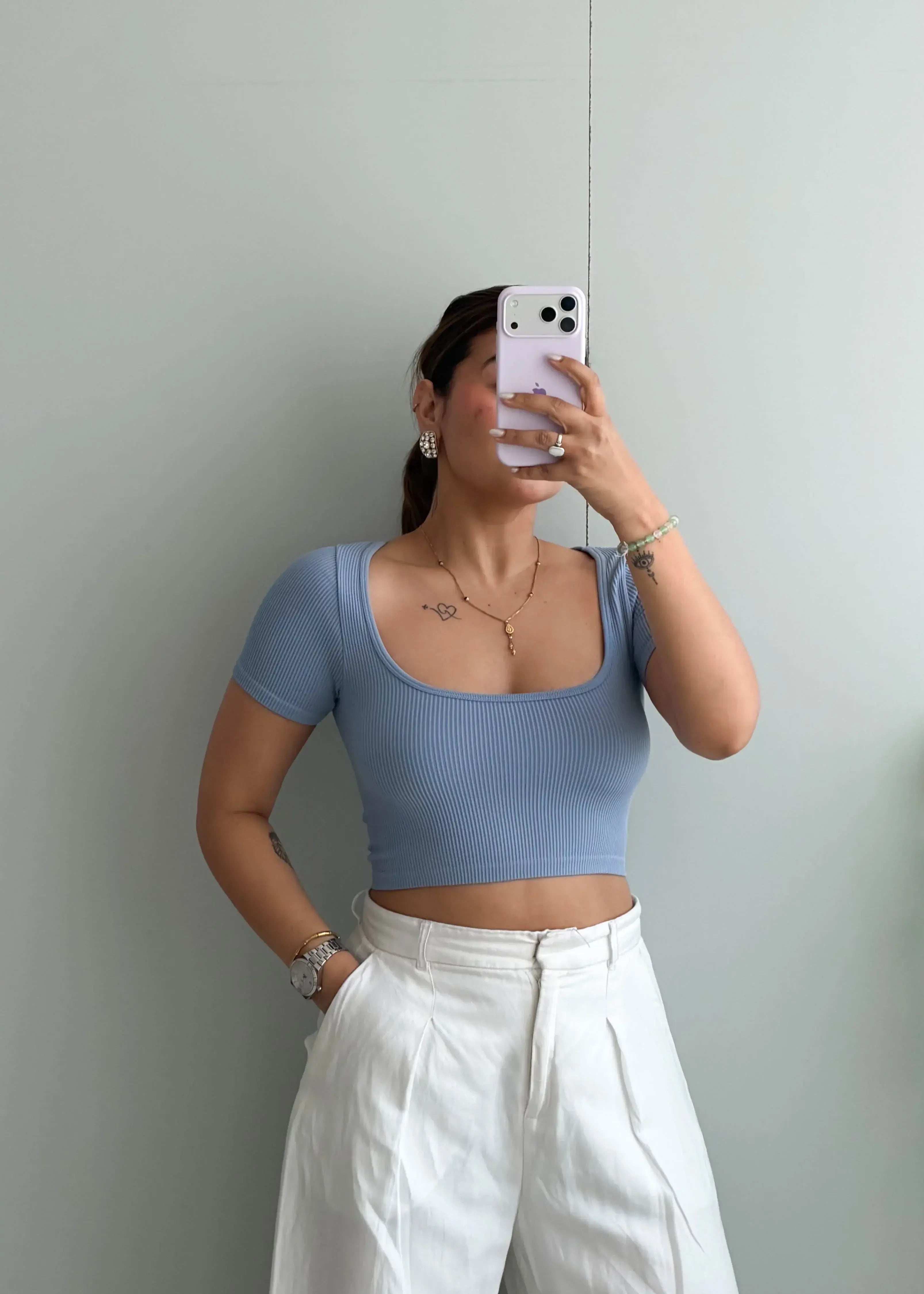 Size XS-S, Light Blue Short Sleeve Ribbed Crop Top - Closet by Payal