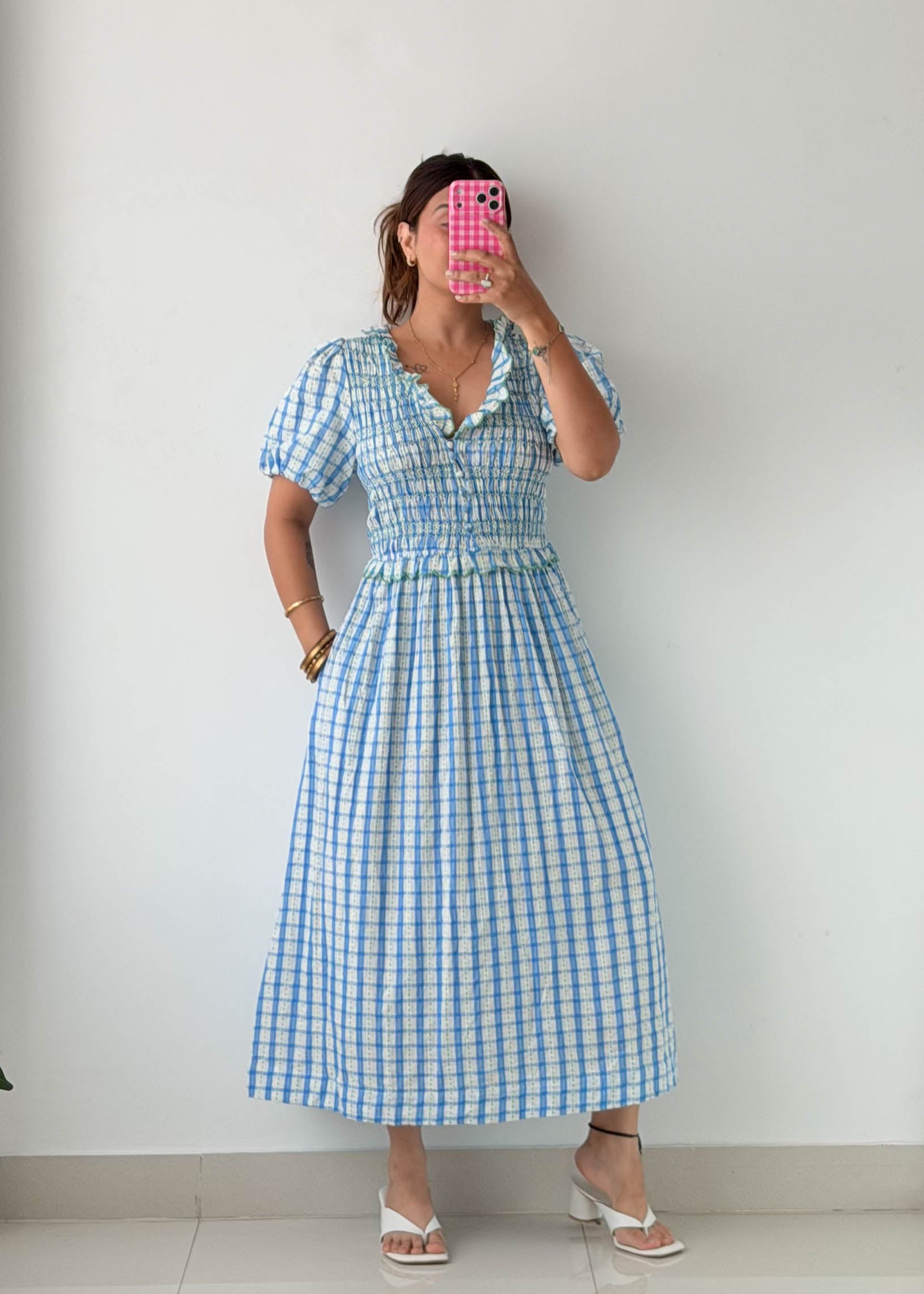 Size M-L / XL-2XL Blue Gingham Midi Dress