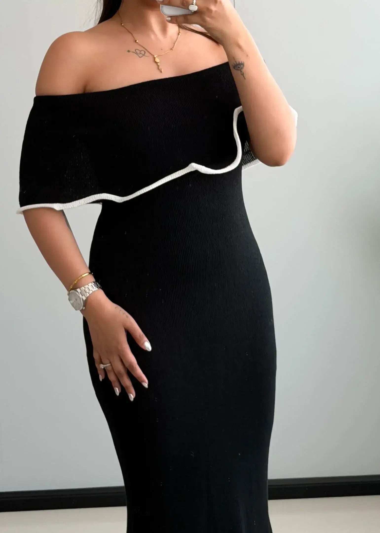 SIZE S-M, Black Off-Shoulder Ruffle Trim Maxi Dress - Closet by Payal