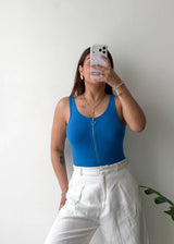 Size S-M, Blue Zip Front Sleeveless Bodysuit