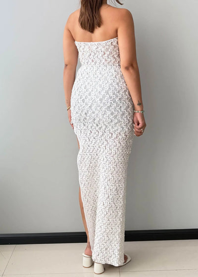 Size M-L, White Strapless Lace Maxi Dress - Closet by Payal
