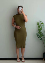 SIZE S-M, Olive Ribbed Sleeveless Midi Dress - Closet by Payal