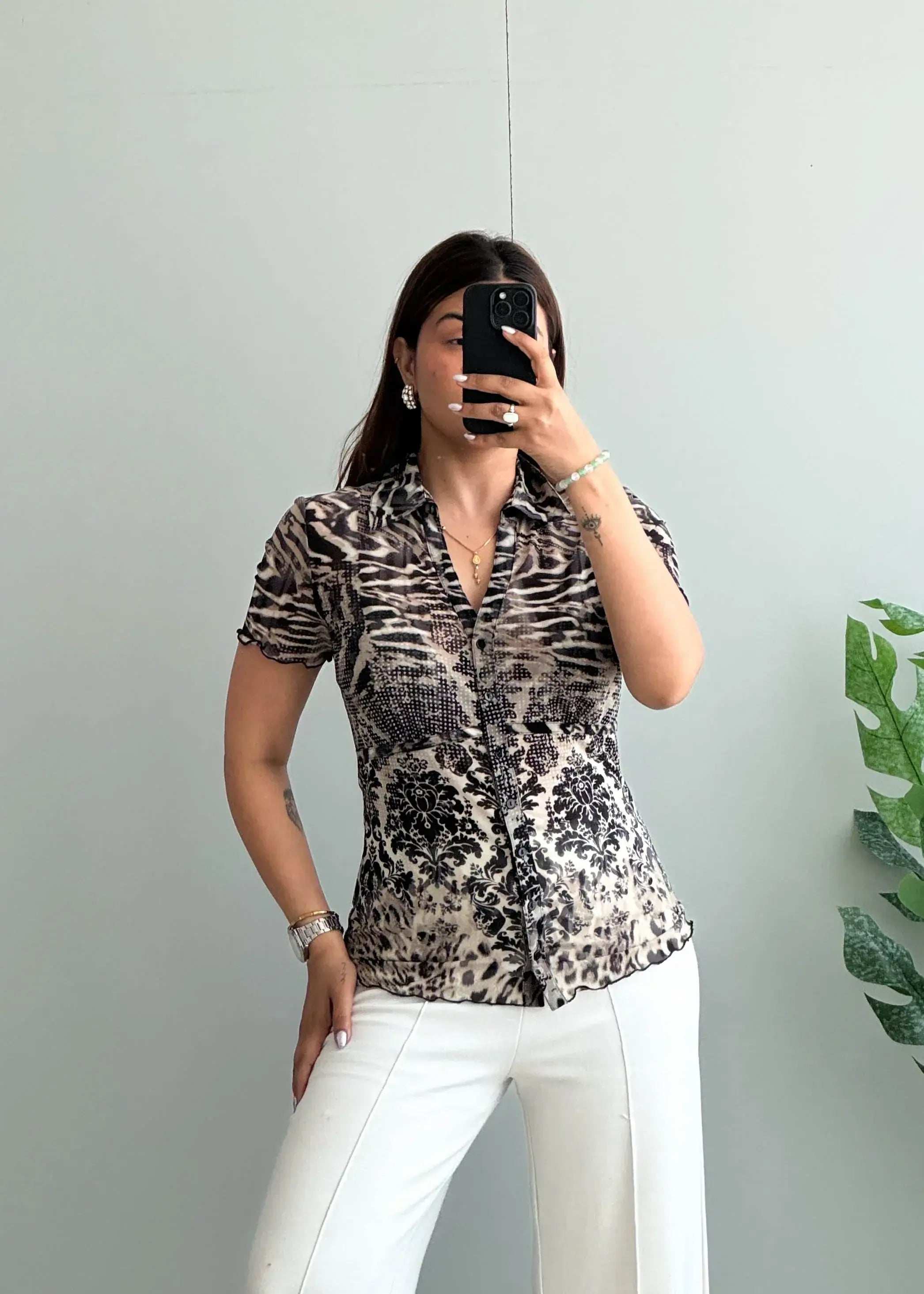 Size S-M, Animal & Floral Print Sheer Button Shirt - Closet by Payal