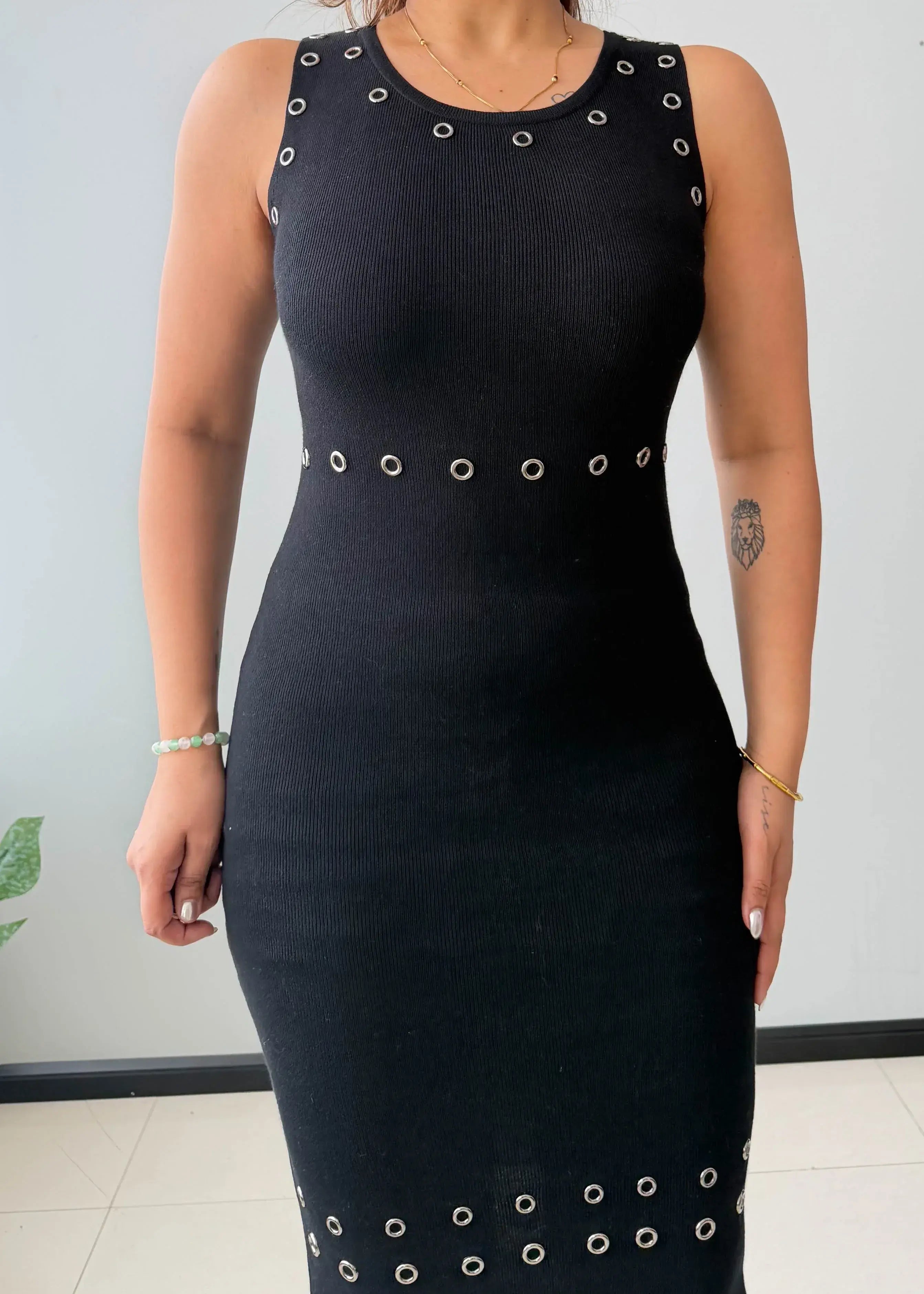 Size S-M, Black Stud Detail Bodycon Midi Dress - Closet by Payal