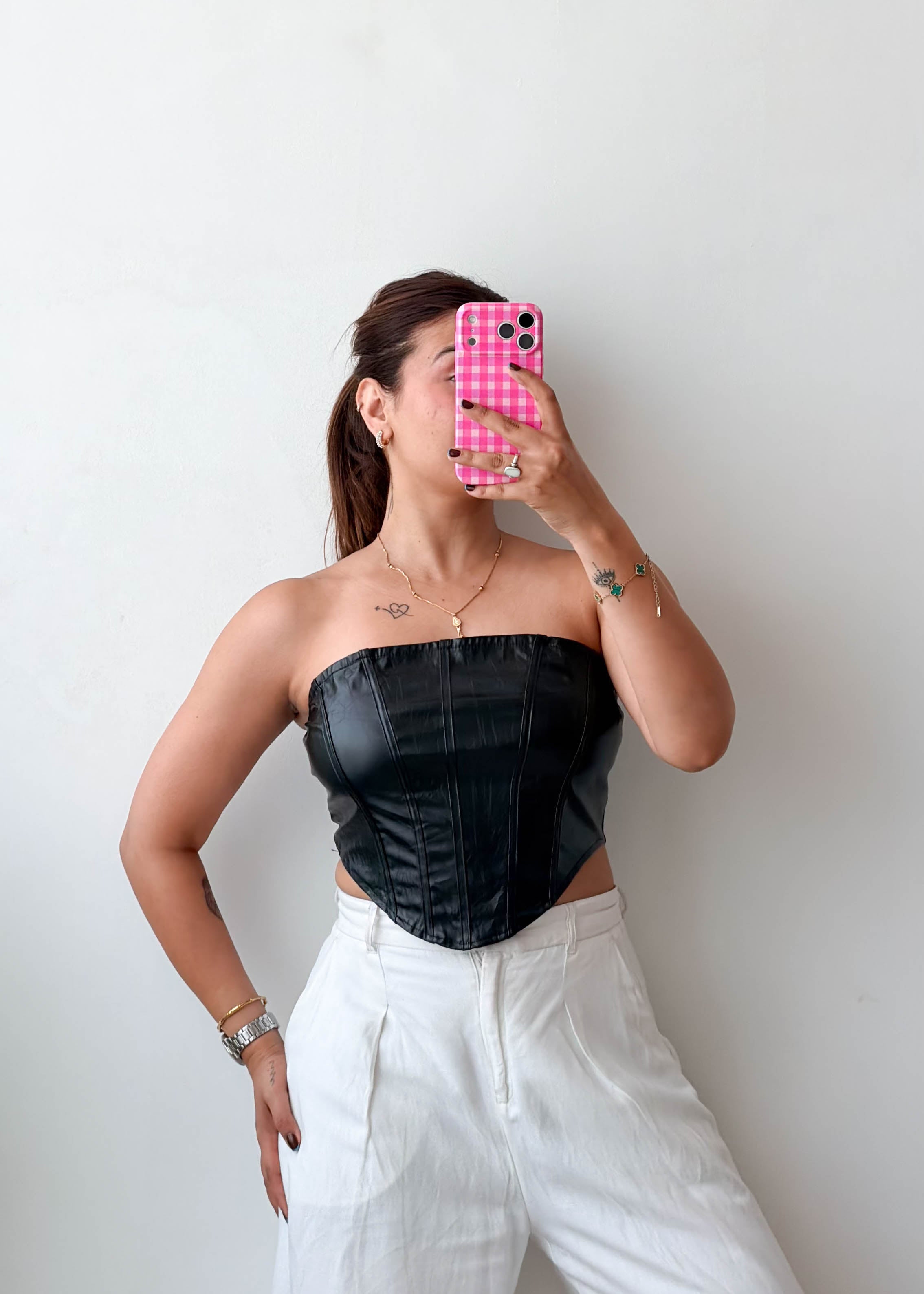 Size M Black Faux Leather Corset Top