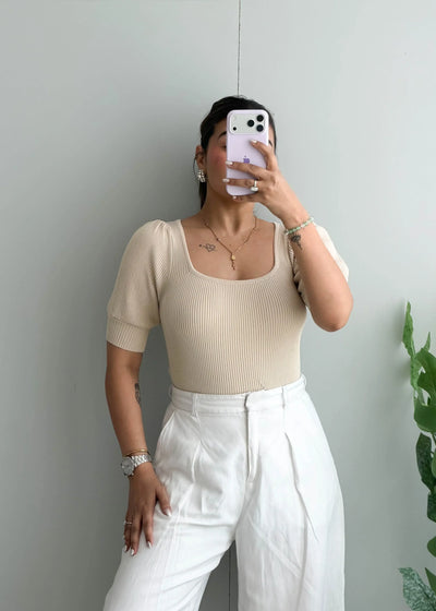 Size S-M, Beige Ribbed Half Sleeve Top - Closet by Payal