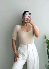 Size S-M, Beige Ribbed Half Sleeve Top - Closet by Payal