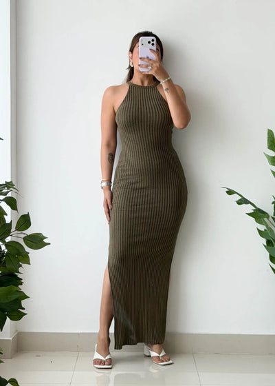 Size XS-S, Olive Halter Ribbed Maxi Dress - Closet by Payal