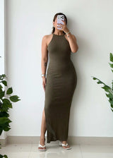 Size XS-S, Olive Halter Ribbed Maxi Dress - Closet by Payal