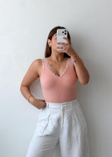Size XS-S Blush Ribbed Lace Trim Tank Top