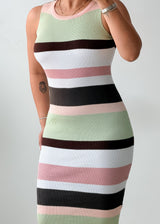 Size M-L Multicolor Striped Ribbed Midi Dress