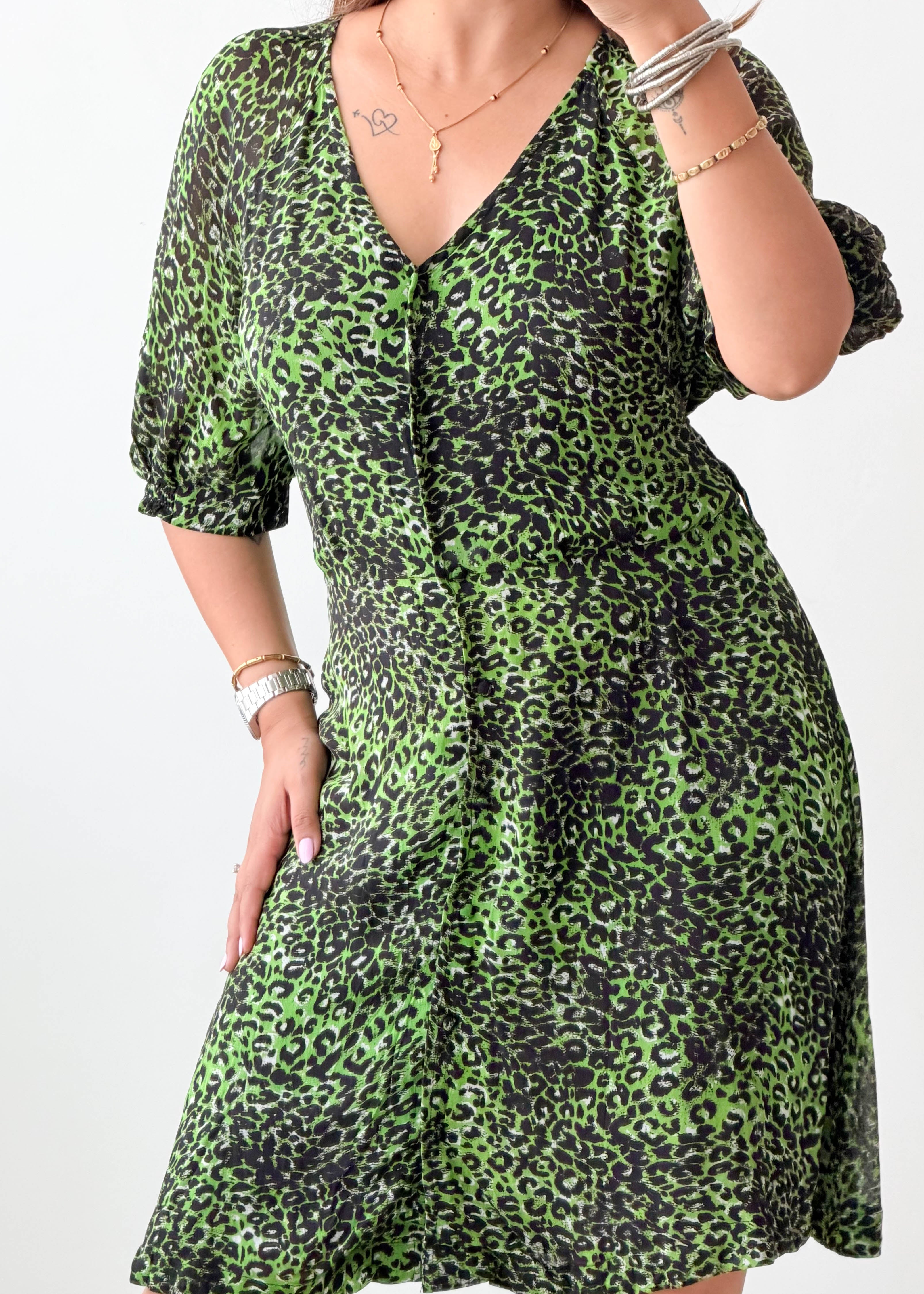 Size L-XL Green Leopard Print Mini Dress