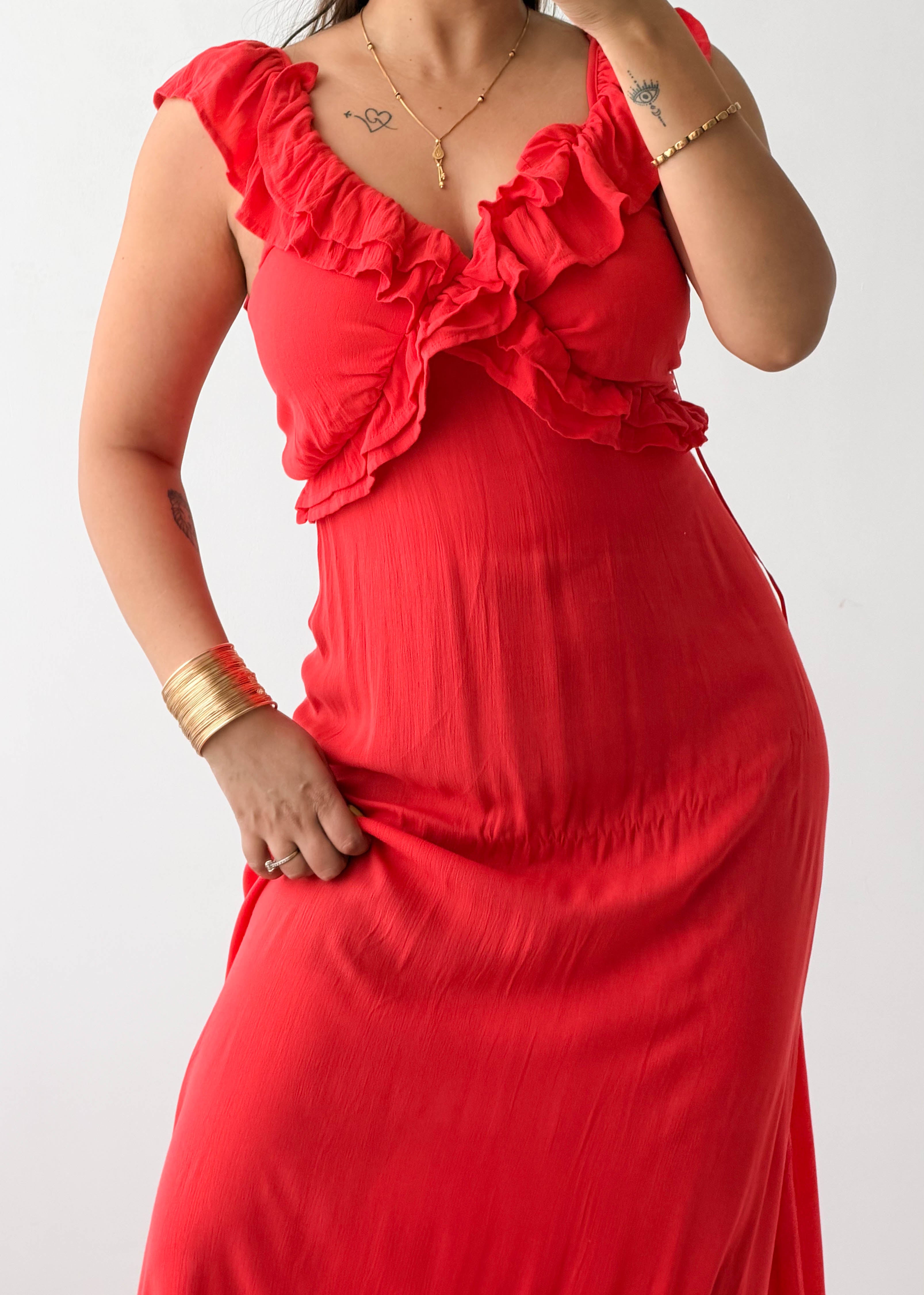 Size L-XL Red Ruffle Maxi Dress