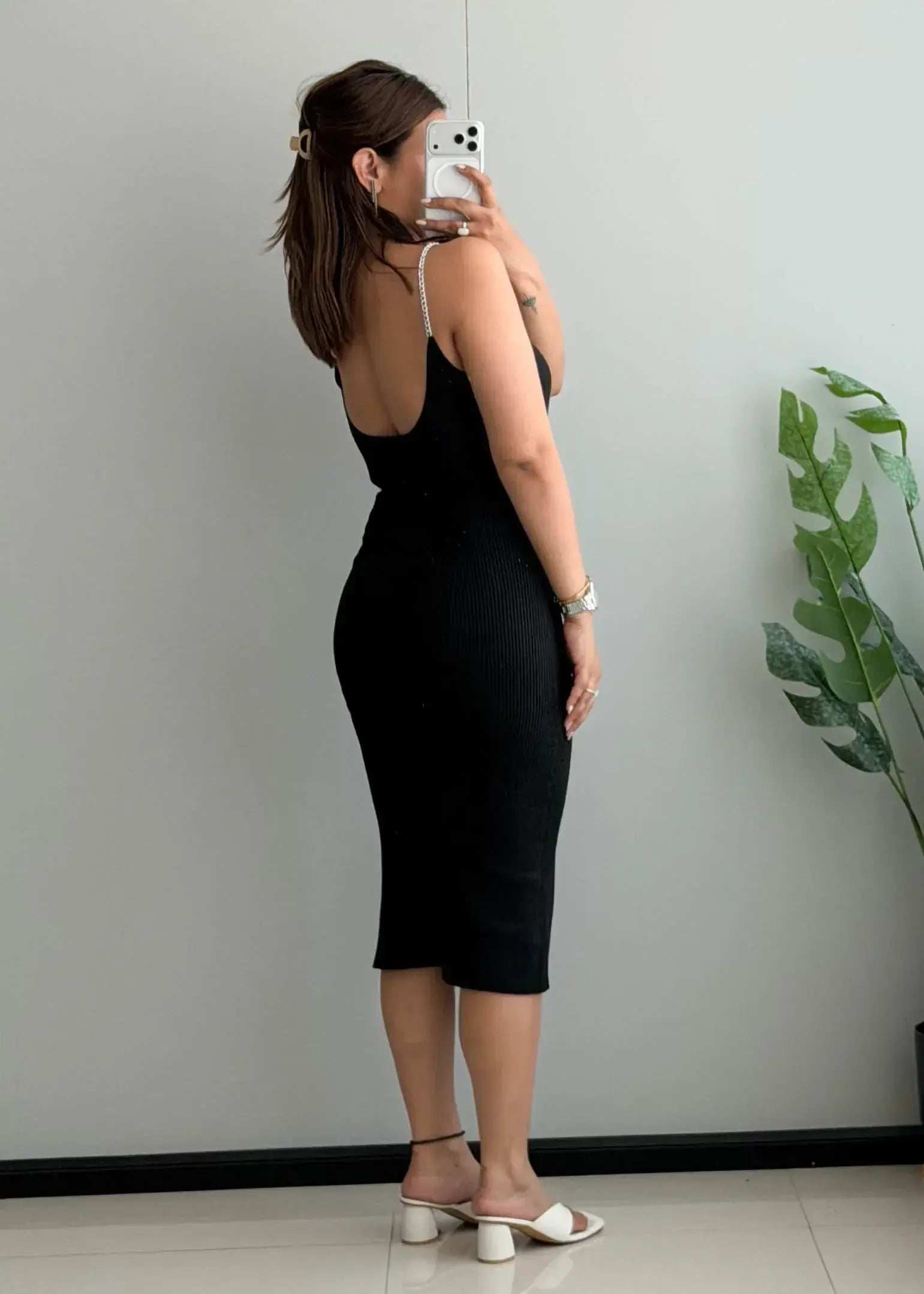 SIZE M-L, Black Ribbed Strap Bodycon Midi Dress - Closet by Payal